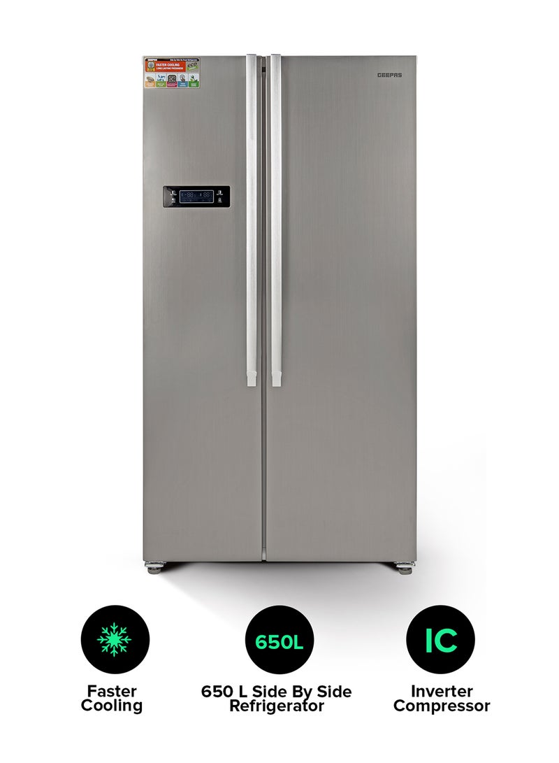 GEEPAS 650L Gross/521L Net Capacity No Frost Side By Side Refrigerator With Inverter Compressor, Tempered Glass Shelf, Twist Ice Maker, LED Lighting, Digital Control Temperature Display Freezer- 177L capacity GRFS6521SXHN Silver - Image 1
