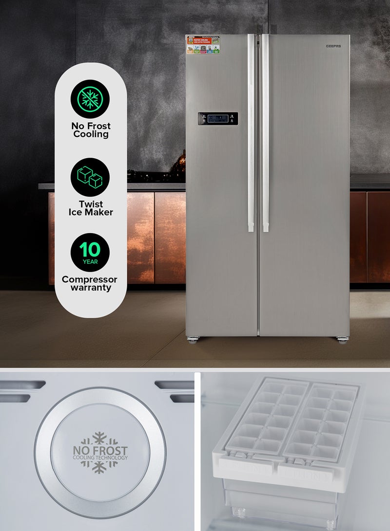 GEEPAS 650L Gross/521L Net Capacity No Frost Side By Side Refrigerator With Inverter Compressor, Tempered Glass Shelf, Twist Ice Maker, LED Lighting, Digital Control Temperature Display Freezer- 177L capacity GRFS6521SXHN Silver - Image 4