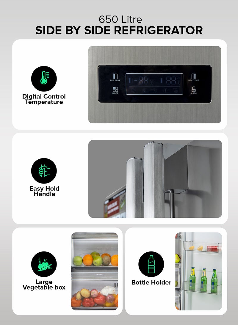 GEEPAS 650L Gross/521L Net Capacity No Frost Side By Side Refrigerator With Inverter Compressor, Tempered Glass Shelf, Twist Ice Maker, LED Lighting, Digital Control Temperature Display Freezer- 177L capacity GRFS6521SXHN Silver - Image 3