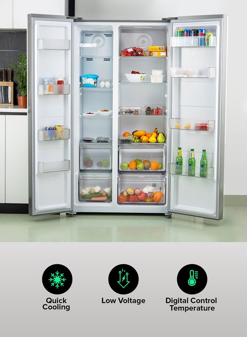 GEEPAS 650L Gross/521L Net Capacity No Frost Side By Side Refrigerator With Inverter Compressor, Tempered Glass Shelf, Twist Ice Maker, LED Lighting, Digital Control Temperature Display Freezer- 177L capacity GRFS6521SXHN Silver - Image 2