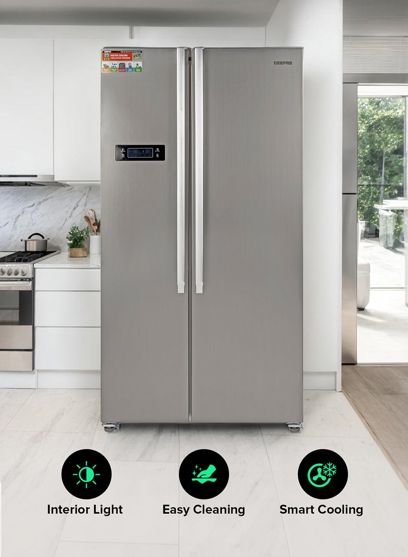 GEEPAS 650L Gross/521L Net Capacity No Frost Side By Side Refrigerator With Inverter Compressor, Tempered Glass Shelf, Twist Ice Maker, LED Lighting, Digital Control Temperature Display Freezer- 177L capacity GRFS6521SXHN Silver - Image 5