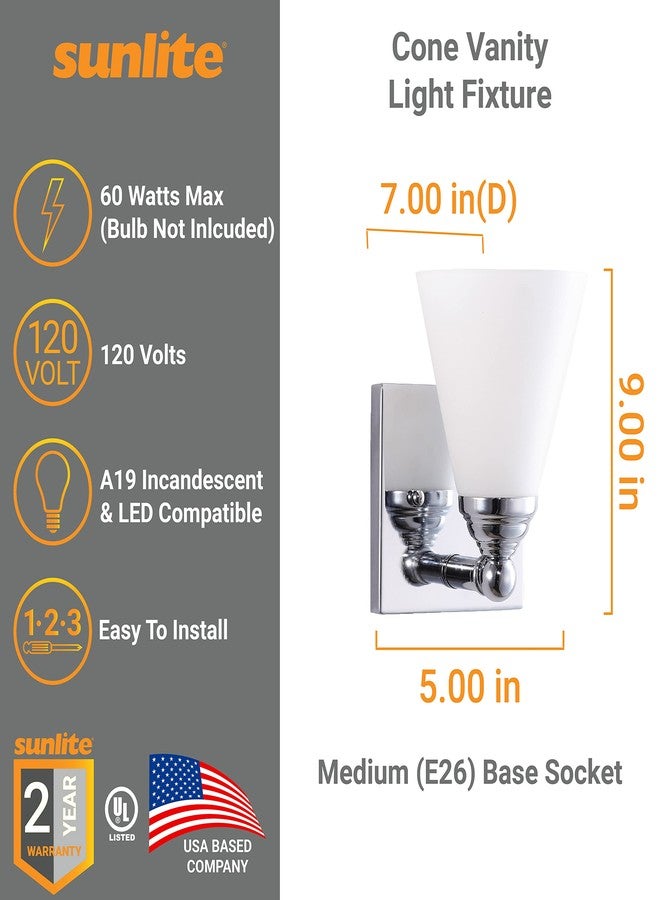 Sunlite Cone Shade Vanity Light Fixture, Wall Mount, Medium (E26) Socket, Standard A19 Bulb Required (60W Max), Bathrooms, Powder Rooms, Frosted Glass Shade, Brushed Nickel Base 1-Light - Image 2