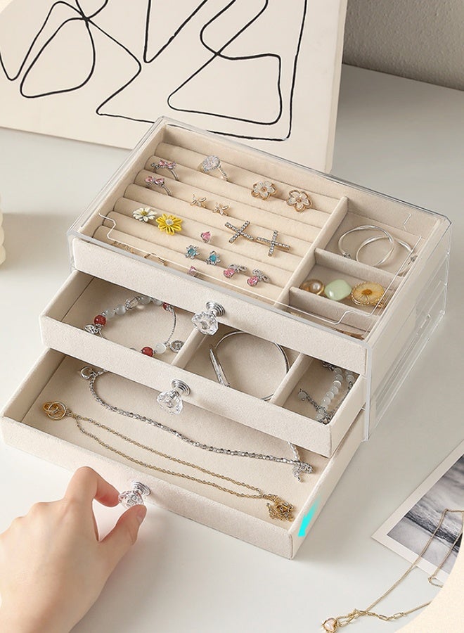 وفوفا صندوق منظم المجوهرات مع 3 درجات - حالة تخزين مجوهرات أكريليك واضحة مع مقابض كريستال وبطانية مخملية للنساء ، صندوق عرض متعدد الوظائف لأقراط وخواتم وقلادات وأسوار - Image 1