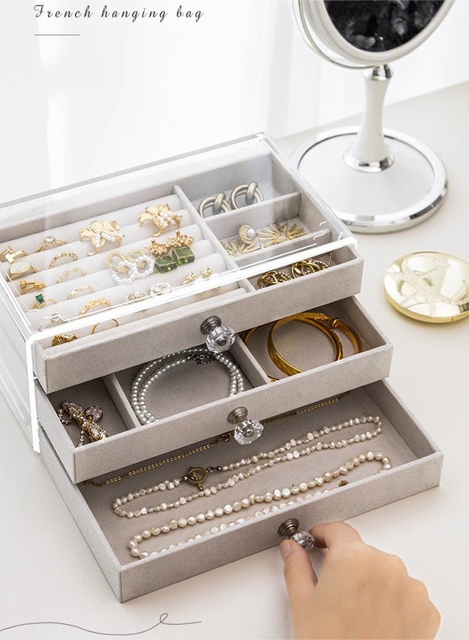 وفوفا صندوق منظم المجوهرات مع 3 درجات - حالة تخزين مجوهرات أكريليك واضحة مع مقابض كريستال وبطانية مخملية للنساء ، صندوق عرض متعدد الوظائف لأقراط وخواتم وقلادات وأسوار - Image 4