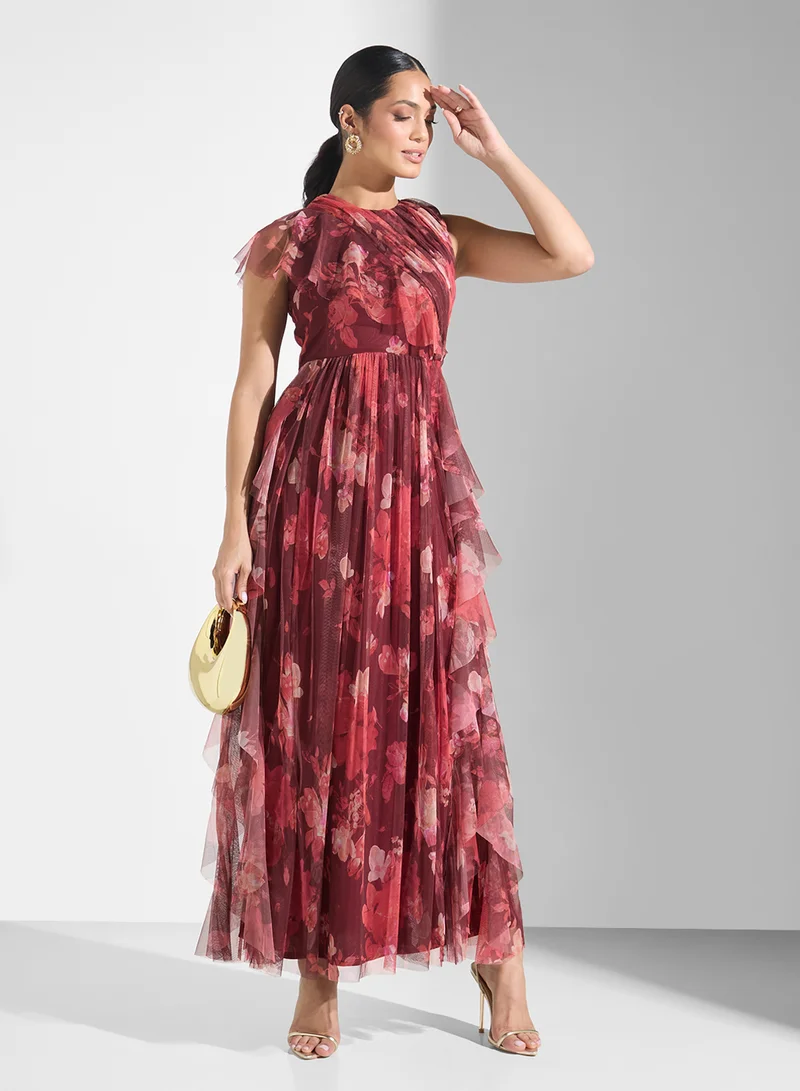 Lace and Beads Floral Tulle Maxi Dress