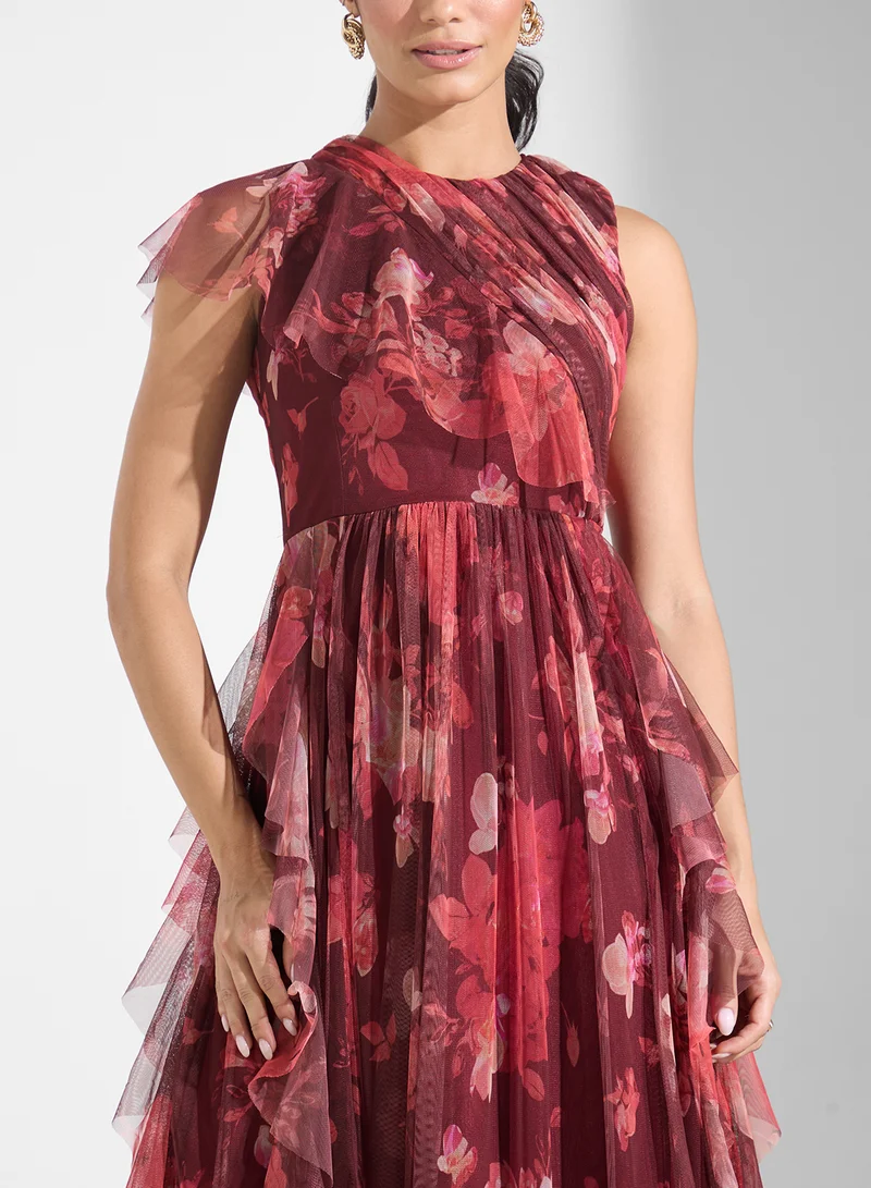 Lace and Beads Floral Tulle Maxi Dress