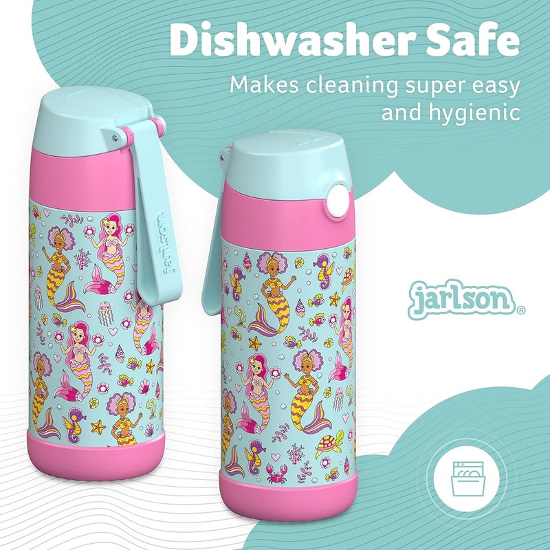 Jarlson قارورة مياه أطفال جارلسون® شارلي [12 أونصة] - قارورة ترمس فولاذية مقاومة للصدأ مع قشة - قارورة مياه معزولة مقاومة للانسكاب للمدرسة والرياضة - كوب ترمس للأولاد والبنات (حورية البحر) - Image 4