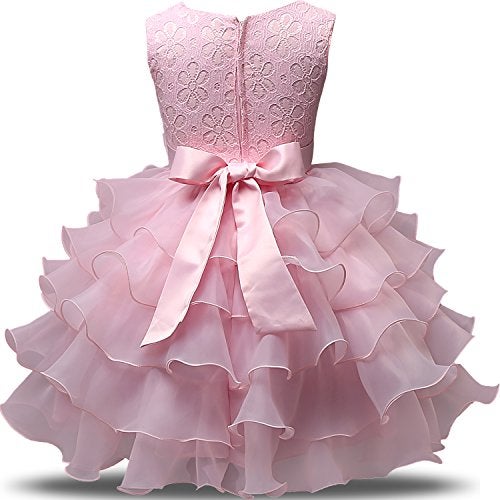 NNJXD Girl Dress Kids Ruffles Lace Party Wedding Dresses Size (130) 5-6 Years Pink - Image 2