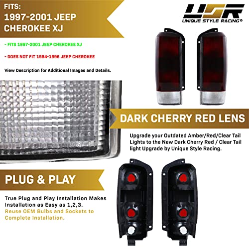 USR UNIQUE STYLE RACING مصابيح خلفية دخانية حمراء داكنة USR DEPO 97-01 Cherokee (يسار + يمين) متوافقة مع هيكل جيب شيروكي XJ من 1997-2001 (عدسة حمراء داكنة، توصيل وتشغيل، مجموعة 2 قطعة) - Image 4