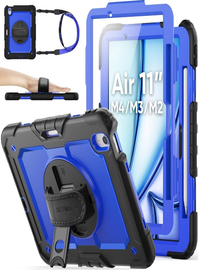 SEYMAC stock متوفر لدى SEYMAC غطاء حماية لجهاز iPad Air مقاس 11 بوصة، طراز M3 2025/ M2 2024 (الجيل السابع/السادس)، غطاء متين مزود بواقي شاشة، وحامل قلم، وحامل دوار، وحزام يد، وحزام كتف، لون أزرق - Image 1