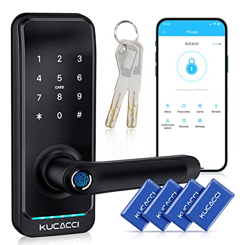 KUCACCI Keyless Entry Smart Lock with Handle: Kucacci Smart Door Lock with Keypad - Digital Fingerprint Lock with Keypad -APP Control for Exterior Door- Easy Retrofit Knob Deadbolt Lever - Image 1