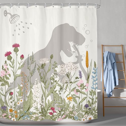 LGhtyro Dinosaur Wildflower Kids Shower Curtain Bathroom Set 60Wx71H Inches Funny Dino Silhouette Floral Rustic Plant Leaves Botanical Bath Accessories for Boys Art Home Decor Fabric 12 Pack Hooks - Image 2
