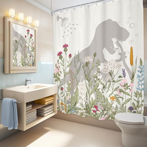 LGhtyro Dinosaur Wildflower Kids Shower Curtain Bathroom Set 60Wx71H Inches Funny Dino Silhouette Floral Rustic Plant Leaves Botanical Bath Accessories for Boys Art Home Decor Fabric 12 Pack Hooks - Image 4