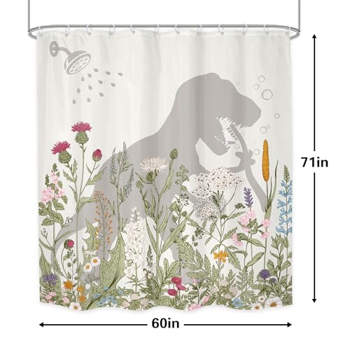 LGhtyro Dinosaur Wildflower Kids Shower Curtain Bathroom Set 60Wx71H Inches Funny Dino Silhouette Floral Rustic Plant Leaves Botanical Bath Accessories for Boys Art Home Decor Fabric 12 Pack Hooks - Image 5
