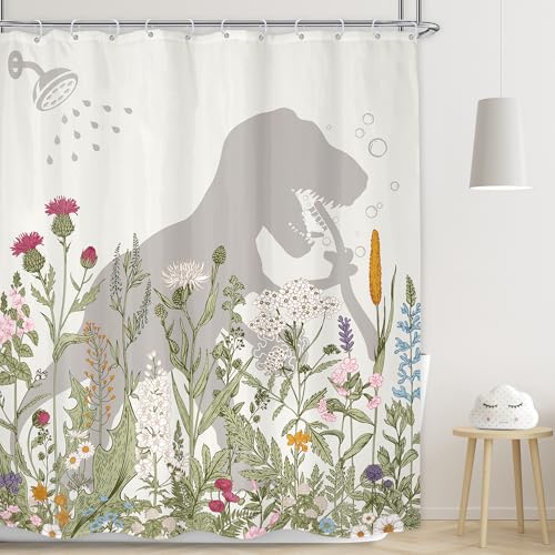 LGhtyro Dinosaur Wildflower Kids Shower Curtain Bathroom Set 60Wx71H Inches Funny Dino Silhouette Floral Rustic Plant Leaves Botanical Bath Accessories for Boys Art Home Decor Fabric 12 Pack Hooks - Image 1