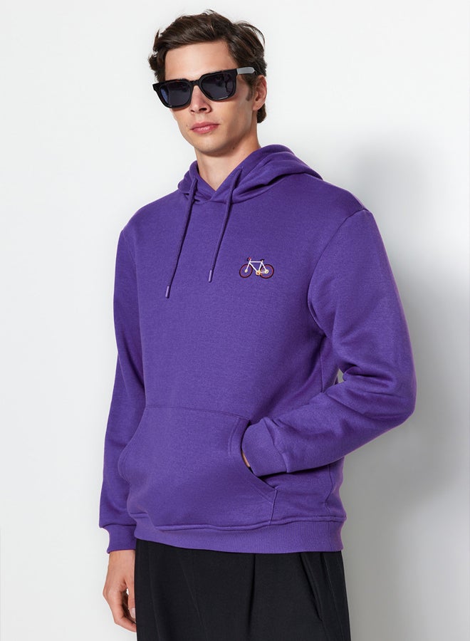trendyol Purple Regular Cut Minimal Embroidered Inside Polar Fleece/Warm Cotton Sweatshirt - Image 4