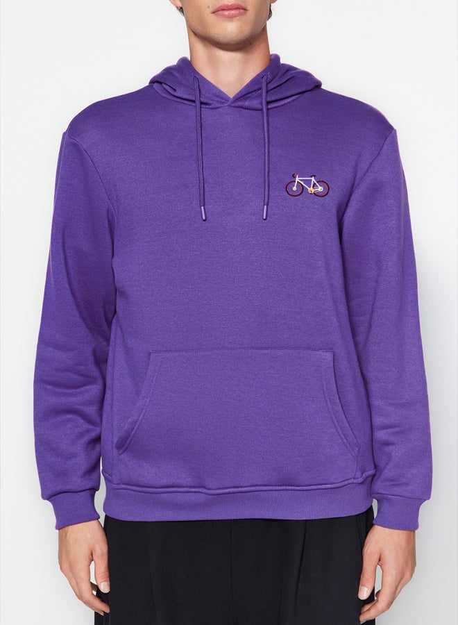 trendyol Purple Regular Cut Minimal Embroidered Inside Polar Fleece/Warm Cotton Sweatshirt - Image 2