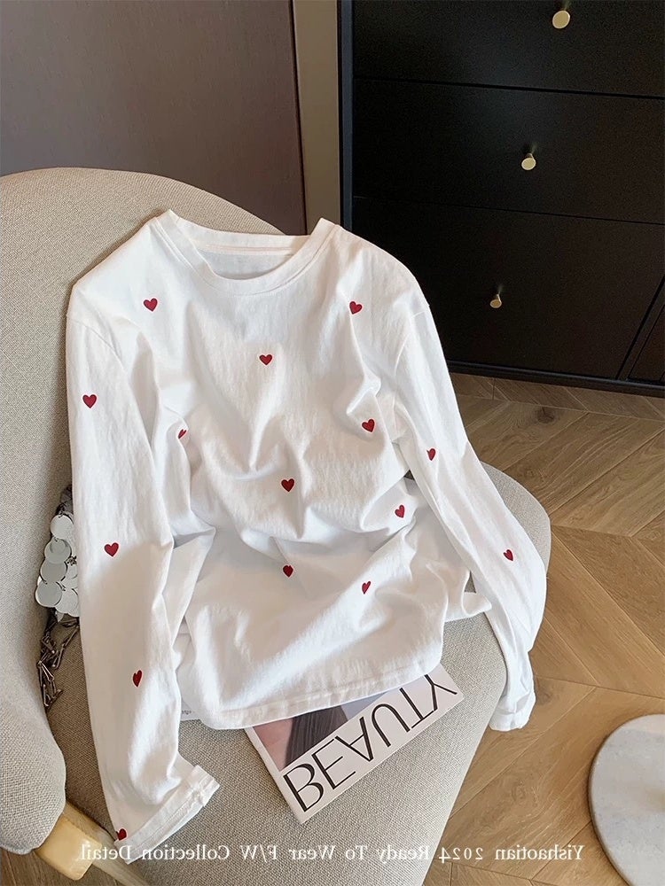 Fat sister extra-large size, heart-printed long-sleeved T-shirt for women's spring and autumn new style slimming design top trendy - Image 3