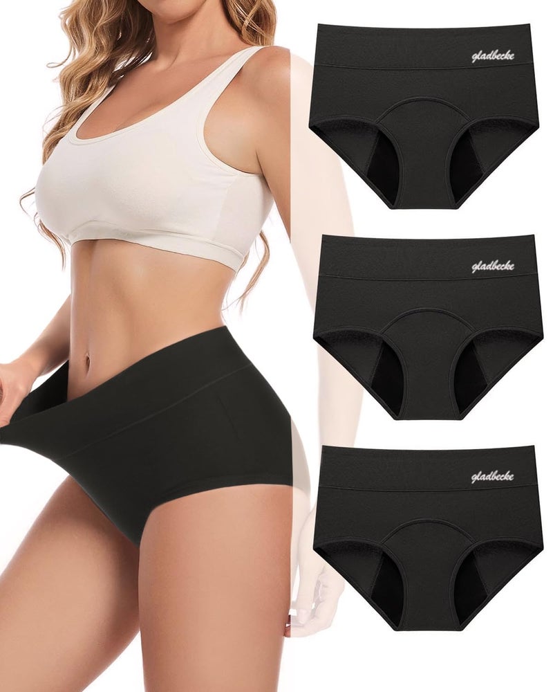 Gladbecke Period Underwear for Women Heavy Flow â€“ Leakproof High Waisted Cotton Menstrual Panties 3 Pack (Runs small. Size up) Black - Image 1