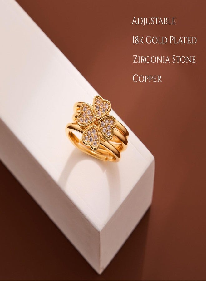 MONOZO 18k Gold plated Ring for Women | Cubic Zirconia Copper Adjustable Finger Ring for Girls | Western Ring | Girl Fashion Jewellery (4 Heart Golden) - Image 2