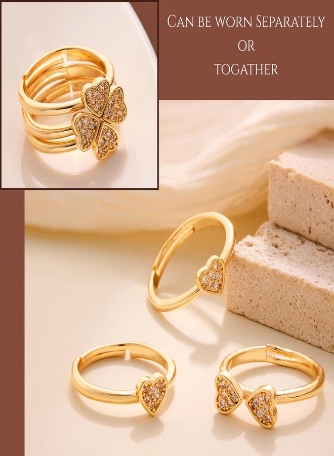 MONOZO 18k Gold plated Ring for Women | Cubic Zirconia Copper Adjustable Finger Ring for Girls | Western Ring | Girl Fashion Jewellery (4 Heart Golden) - Image 3