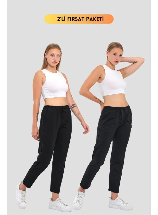 mmetalic Women's Navy Blue Classic Pocket Sweatpants 2-Pack in Black-Anthracite
