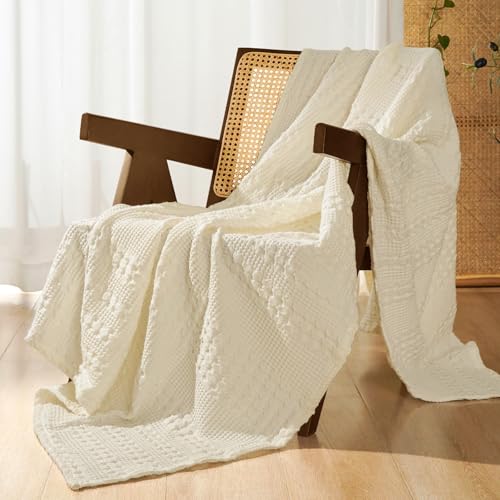 PHF 100% Cotton Waffle Weave Throw Blanket, Soft Lightweight Breathable Cozy Throws for Couch Bed Sofa, Luxury Aesthetic Woven Blanket for Home Decor & Office, 50"x60", Cannoli Cream - Image 1
