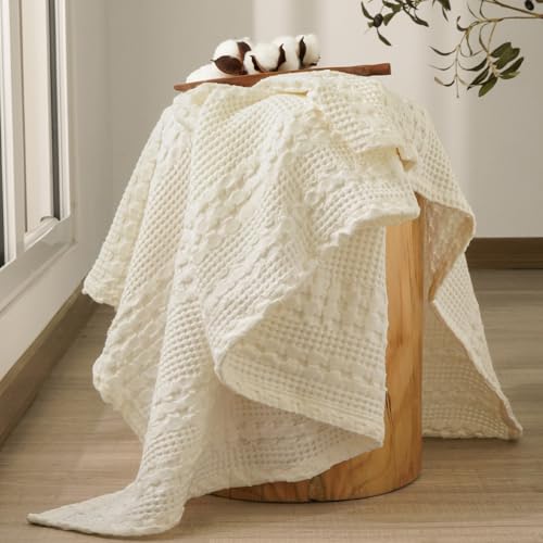 PHF 100% Cotton Waffle Weave Throw Blanket, Soft Lightweight Breathable Cozy Throws for Couch Bed Sofa, Luxury Aesthetic Woven Blanket for Home Decor & Office, 50"x60", Cannoli Cream - Image 4