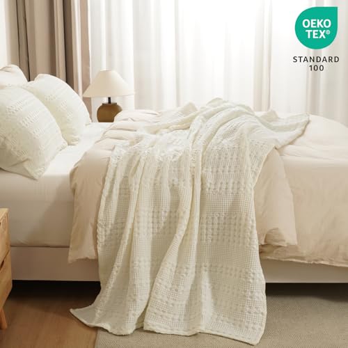 PHF 100% Cotton Waffle Weave Throw Blanket, Soft Lightweight Breathable Cozy Throws for Couch Bed Sofa, Luxury Aesthetic Woven Blanket for Home Decor & Office, 50"x60", Cannoli Cream - Image 5