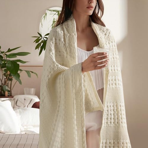 PHF 100% Cotton Waffle Weave Throw Blanket, Soft Lightweight Breathable Cozy Throws for Couch Bed Sofa, Luxury Aesthetic Woven Blanket for Home Decor & Office, 50"x60", Cannoli Cream - Image 2