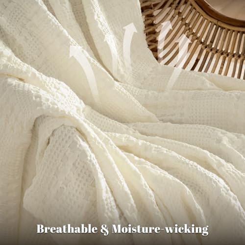 PHF 100% Cotton Waffle Weave Throw Blanket, Soft Lightweight Breathable Cozy Throws for Couch Bed Sofa, Luxury Aesthetic Woven Blanket for Home Decor & Office, 50"x60", Cannoli Cream - Image 3