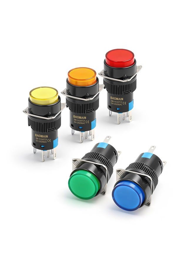Baomain 16mm Push Button Switch Momentary Round Cap LED Lamp Red Yellow Orange Blue Green Light DC 24V SPDT 5 Pin 5 Pack - Image 1