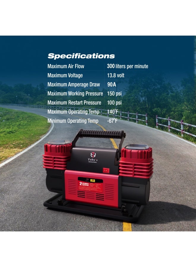 Toby's 2 Cylinder Air Compressor Pump Heavy Duty - DC 12V Tire Inflator 150 PSI for Cars 4x4 Off-Roaders SUVs RVs Trailers Pickups etc. - Image 3