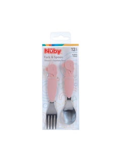Nuby Nuby Animal Friends Silicone and Stainless Steel Fork and Spoon Set - 12+ Months - Pink Whale  - Image 2