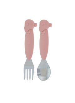 Nuby Nuby Animal Friends Silicone and Stainless Steel Fork and Spoon Set - 12+ Months - Pink Whale  - Image 1