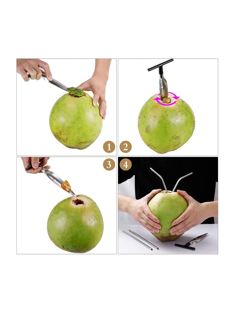 Excefore Coconut Opener Tools, Set of Stainless Steel Puncher with Straws, Brush, Meat Remover Wood Handle, For Green & Young Reusable Straws Food Grade for Thai Fresh Water, Safe and Convenient Drill Punch - Image 2