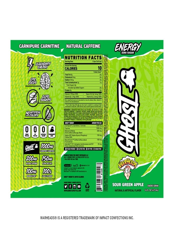GHOST Energy Drink - Single Can, Warheads Sour Green Apple 16oz - Energy & Focus & No Artificial Colors - 200mg Natural Caffeine, L-Carnitine & Taurine - Gluten-Free & Vegan - Image 2