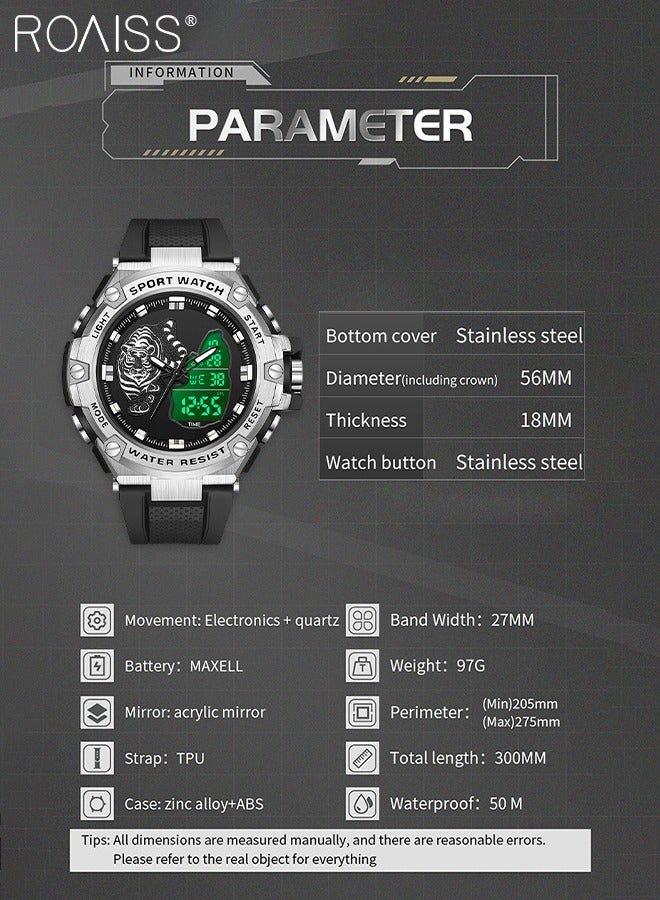 roaiss Men's Analog Digital Dual Display Sports Watch Multifunctional 50M Waterproof Luminous TPU Strap Electronic Quartz Wristwatch with Alarm Stopwatch Backlight 12H/24H for Outdoor Activities - Image 3