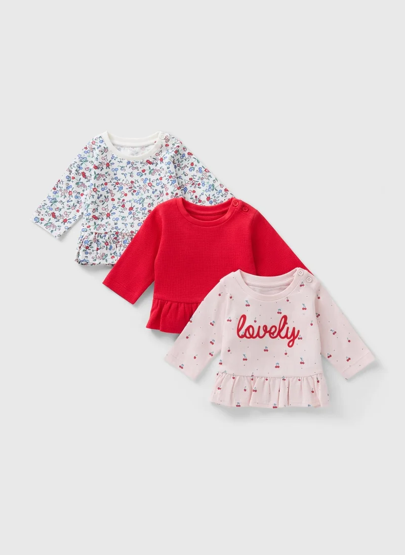 Matalan 3 Pack Girls Pink Cherry Floral Frill Tops