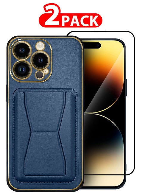 2 Packs For iPhone 14 Pro Max Case Cover and Screen Protector Kickstand And Wallet Case Blue