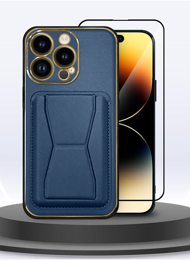 2 Packs For iPhone 14 Pro Max Case Cover and Screen Protector Kickstand And Wallet Case Blue