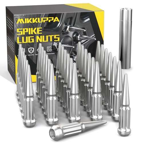 MIKKUPPA M14x1.5 Wheel Spike Lug Nuts - 32pcs Chrome Spiked Lug Nuts 14x1.5 Solid 4.4" Tall Acorn Lug Nut with 1 Socket Key Replacement for Chevy Silverado 1500 2500 3500, F-150 F-250 F-350 - Image 1