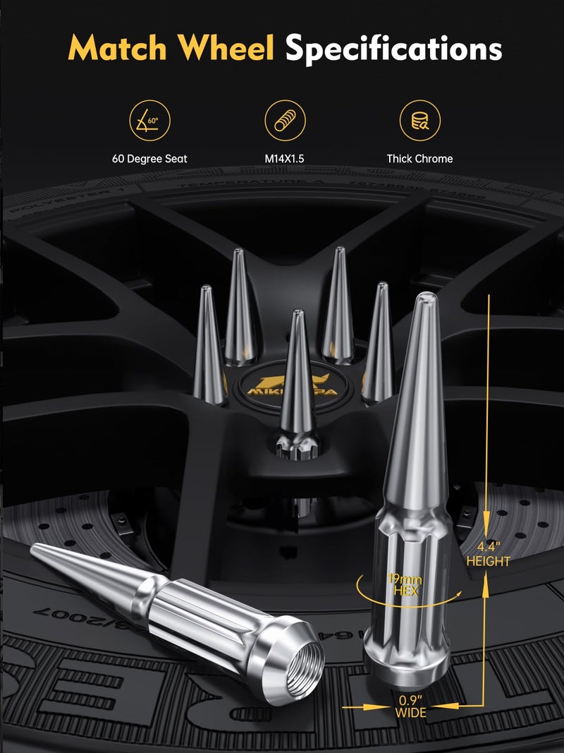 MIKKUPPA M14x1.5 Wheel Spike Lug Nuts - 32pcs Chrome Spiked Lug Nuts 14x1.5 Solid 4.4" Tall Acorn Lug Nut with 1 Socket Key Replacement for Chevy Silverado 1500 2500 3500, F-150 F-250 F-350 - Image 2