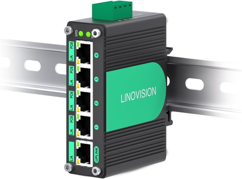 LINOVISION مفتاح LINOVISION الصناعي 5 منافذ جيجابت POE للطاقة الشمسية مع معزز الجهد من DC9V-54V إلى DC48V، 4 منافذ POE بقدرة 30W لكل منها @120W وفقًا لمعيار IEEE802.3af/at، IP40، طاقة POE مدمجة لأنظمة الطاقة الشمسية/الشاحنات الترفيهية/أنظمة VoIP - Image 1