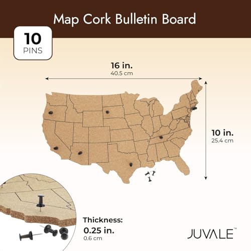 Juvale US Map Cork Board - Travel Tracking Map with Pins - Frameless Natural Cork Wall Decor - Easy Wall Mount for Home & Office Decor - 16"x 10", Brown, 10 Black Pins - Image 3