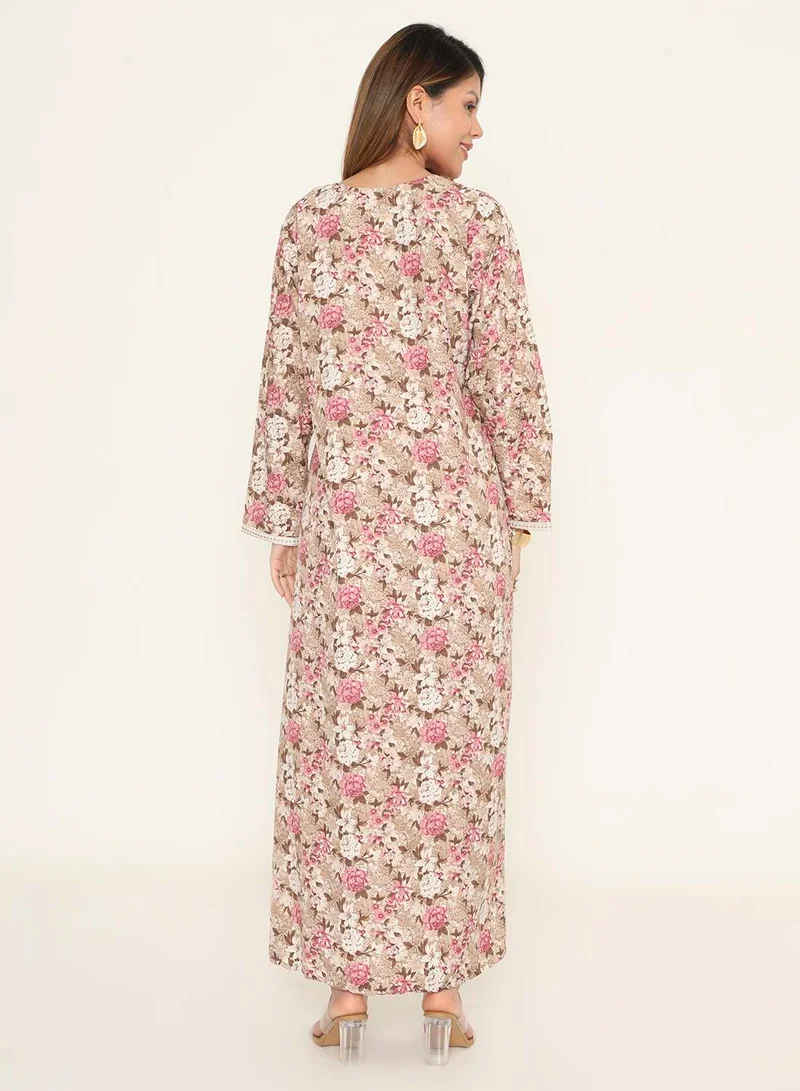 HANA & SARA Elegant Printed Arabic Jalabiya with Pink Floral & White Embroidery