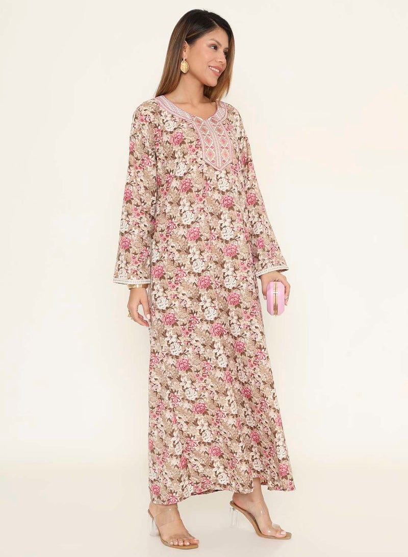 هانا آند سارا جلابية عربية أنيقة مطبوعة بتطريز زهري وأبيض - Image 4