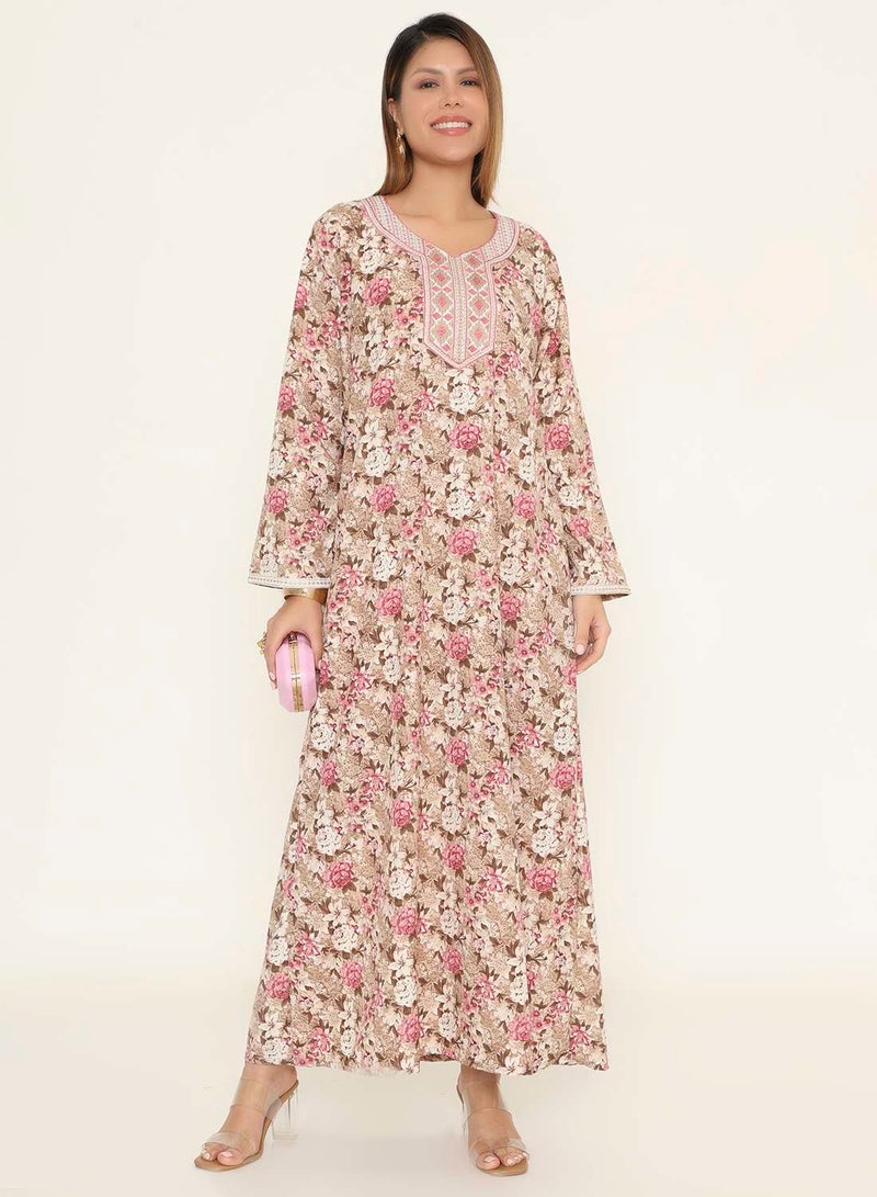 هانا آند سارا جلابية عربية أنيقة مطبوعة بتطريز زهري وأبيض - Image 1