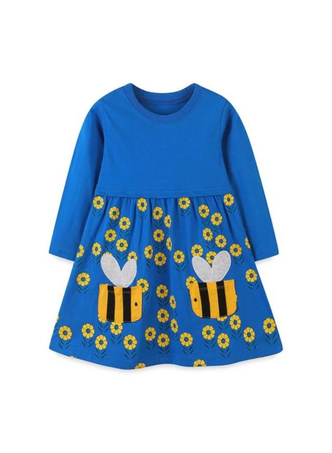 يونيكي Blue A-Line Crew Neck Floral Dress