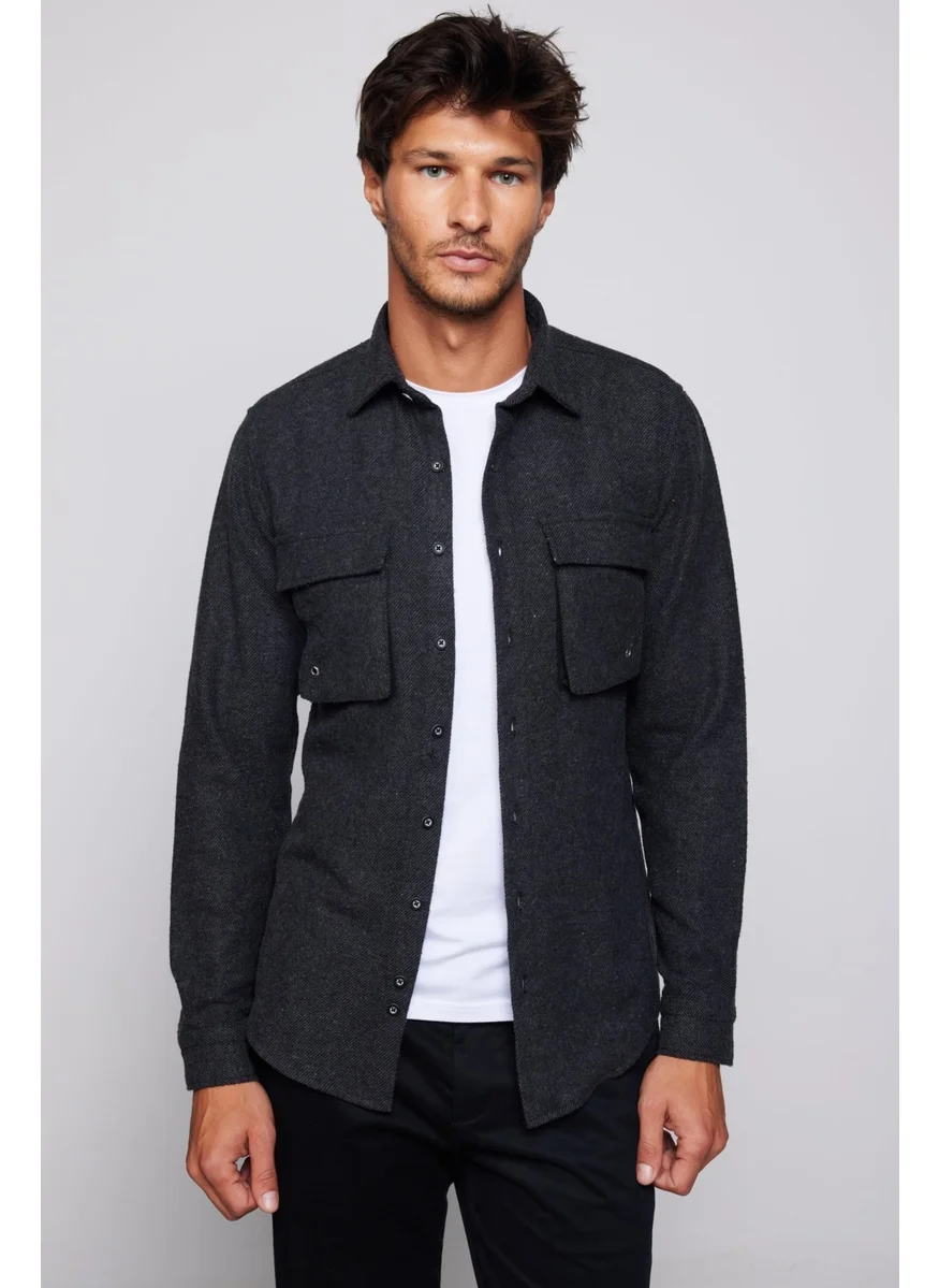 Tudors Slim Fit Slim Fit Flap Double Pocket Plain Lumberjack Gray Men's Shirt